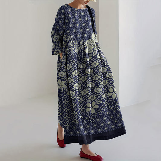 Comstylish Women Japanese Art Plum Blossom Printed Casual Midi Dress