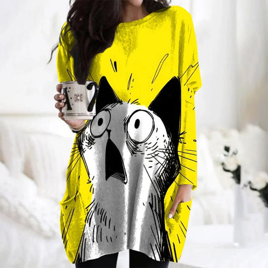 Funny Shocked Cat Print Casual Tunic elevenforest