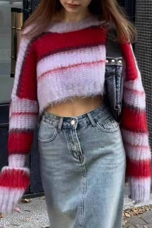 Ursula® | Knitted cropped sweater with color block stripes and a crew neck
