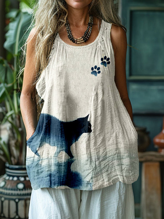 Cute Watercolor Art Cat Pattern Comfy Linen Tank Top elevenforest