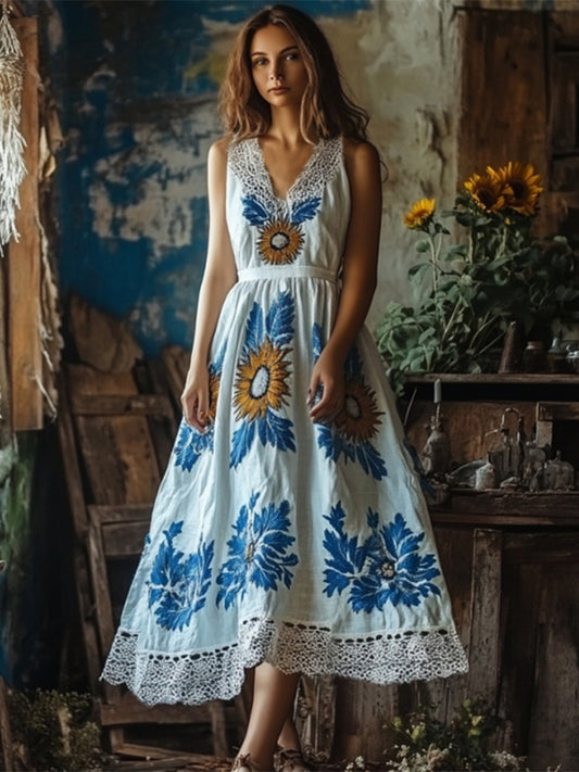 Boho Sunflower Embroidered Pattern Art Lace Linen Dress artswardrobe