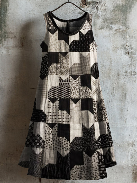 Vintage Black & White Cats Contrast Patchwork Linen Dress elevenforest