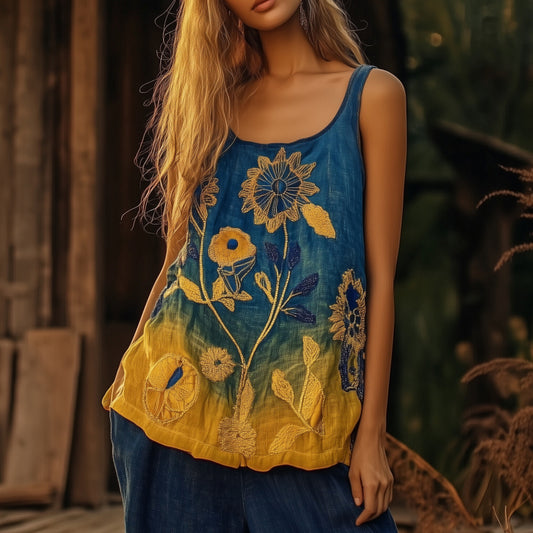 Boho Ethnic  Sunflowers Gradient Linen Sleeveless Tank Top artswardrobe