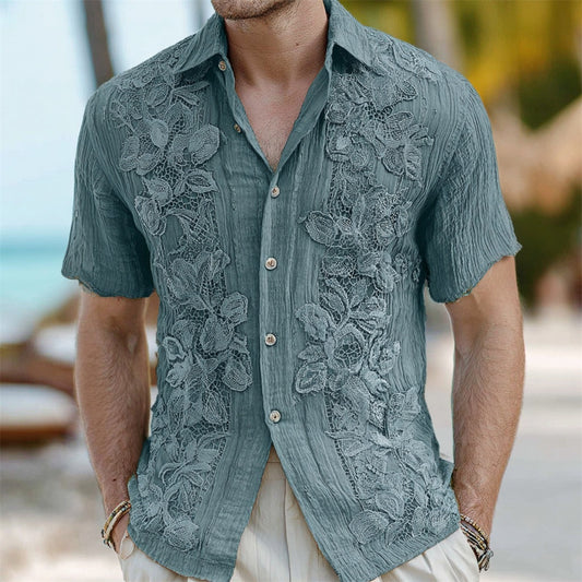 Boho Lace Floral Embroidery Men's Linen Short Sleeve Shirt artswardrobe
