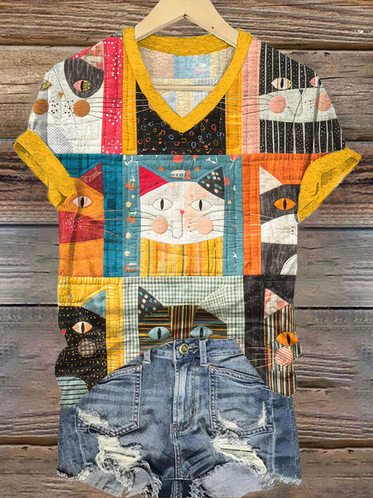 Comstylish Cute Cat Patchwork Design V-Neck T-Shirt