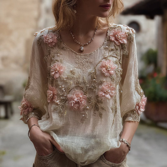 Comstylish Bohemian Style 3d Pink Flowers And Embroidery Women's Round Neck Cotton And Linen Top