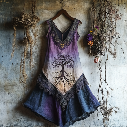 Vintage Viking Tribal Celtic Knot Life Of Tree Lace Patchwork Art Linen Tank Dress artswardrobe