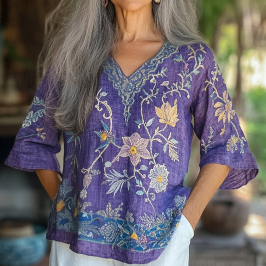 Vintage Floral Embroidery Linen Art V-neck Shirt artswardrobe