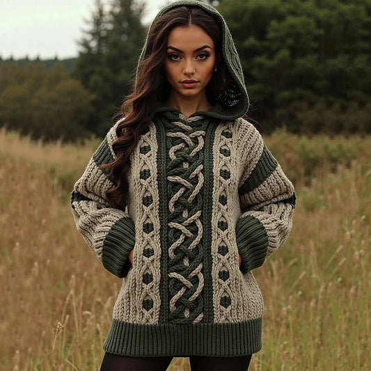 Women's Contrast Weave Jacquard Pocket Hooded Sweater elevenforest
