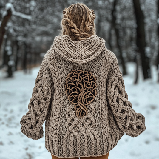 Women's Viking Tribal Tree Of Life Celtic Chunky Knit Hooded Sweater elevenforest