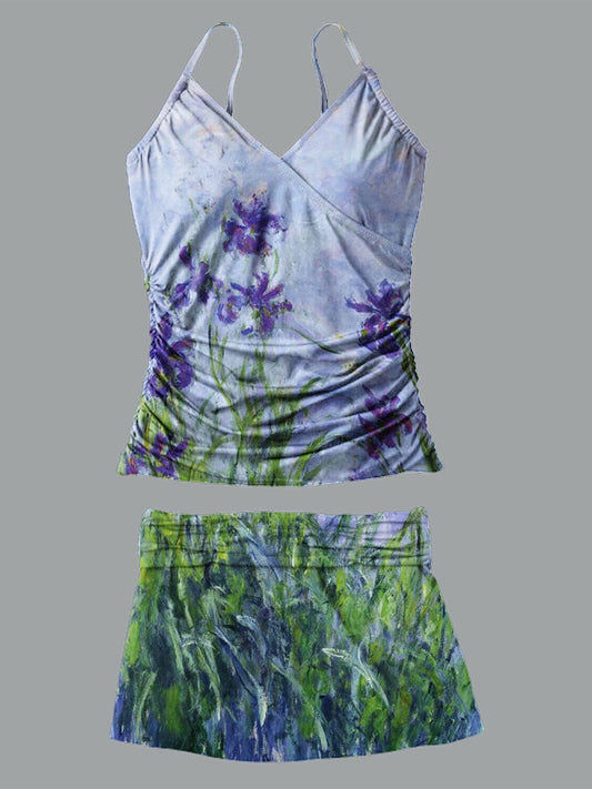 V-Neck Vintage Floral Print Suspender Skirt Tankini Pantskirt Set Swimsuit