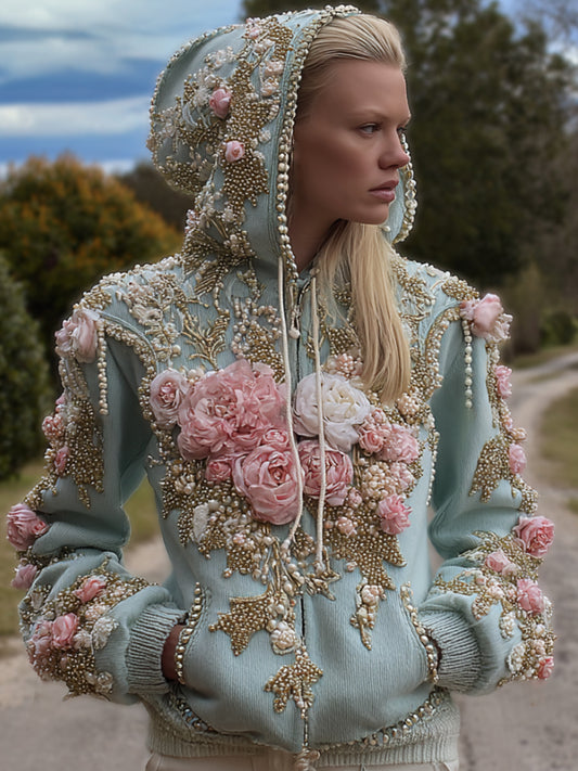 Comstylish Women's Bohemian Style Handmade Rose Pearl Sky Blue Vintage Hoodie
