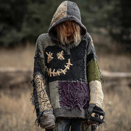Spooky Face And Spider Web Patchwork Design Cozy Halloween Knit Hooded elevenforest