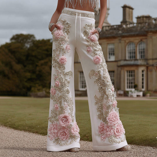 Comstylish Women's Vintage Pink Floral Embroidery Art Sweatpants