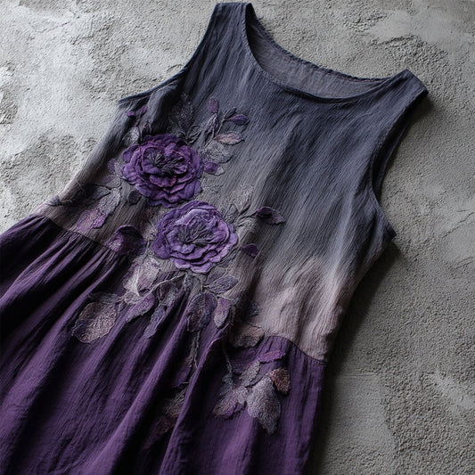 Vintage Purple Roses Embroidered Gradient Linen Midi Dress artswardrobe