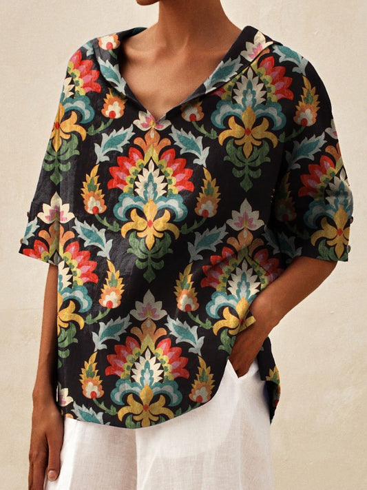 Women's Vintage Ethnic Floral Art Print Casual Linen V-neck Shirt