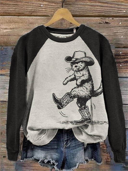 Lovely Cat Cowboy Contrast Color Raglan Sweatshirt elevenforest