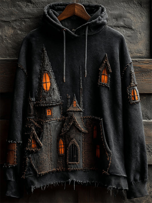 Comstylish Halloween Spooky Castle Stitched Washed Hoodie