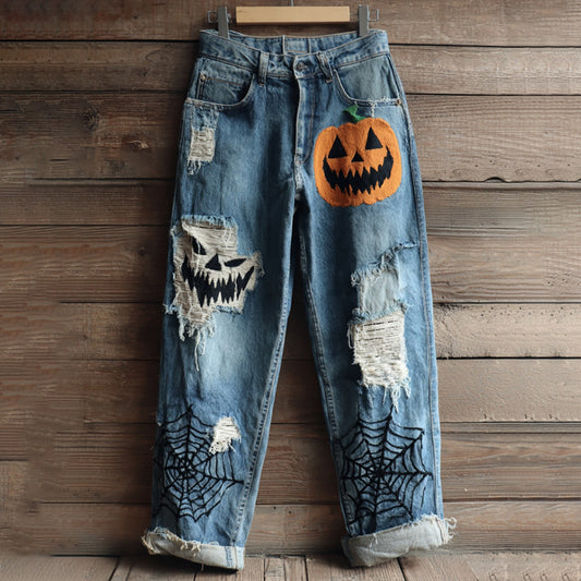 Women's Halloween Pumpkin Face And Spiderweb Embroidery Vintage Washed Jeans artswardrobe