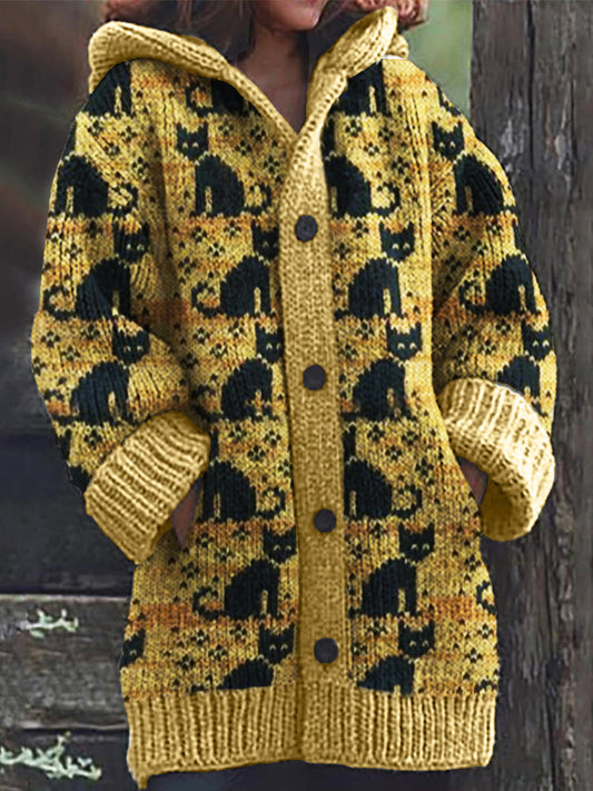 Vintage Black Cats Pattern Cozy Knit Hooded Cardigan elevenforest