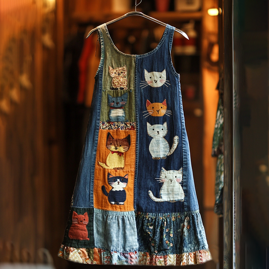 Casual Pop Art Patchwork Denim Cat Print Dress elevenforest
