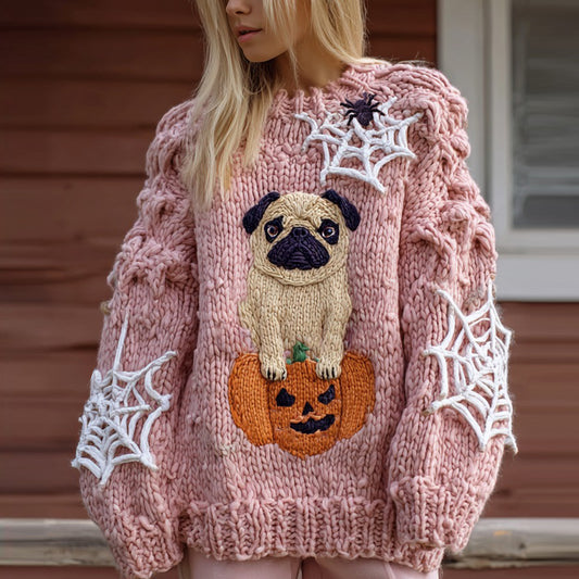 Comstylish Halloween Cute Pug Pumpkin Graphic Chunky Knit Cozy Fuzzy Sweater