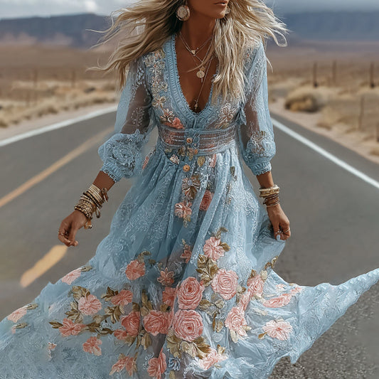 Comstylish Women's Vintage Blue Floral Embroidery V Neck Casual Maxi Dress