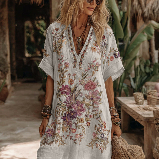 Comstylish Women's Floral Embroidery Art V Neck Comfy Midi Dress