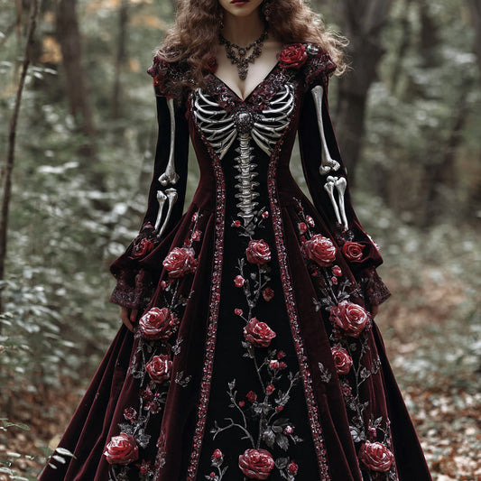 Comstylish Classic Skeleton Bones With Roses Flowy Maxi Dress