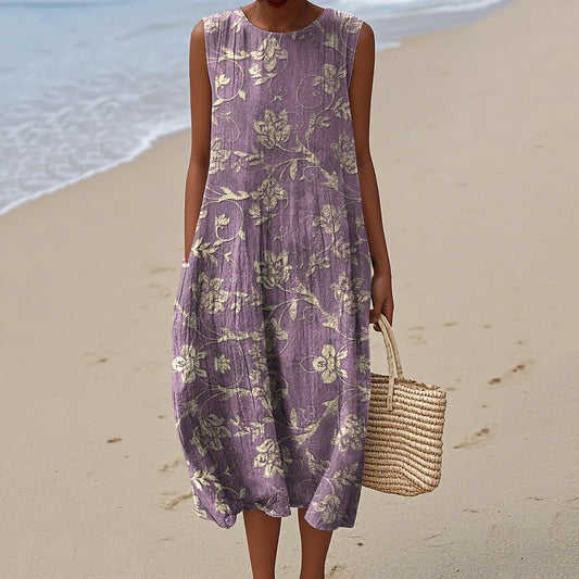 Women's Vintage Folk Art Floral Pattern Print Sleeveless Cotton Wrap Dress artswardrobe