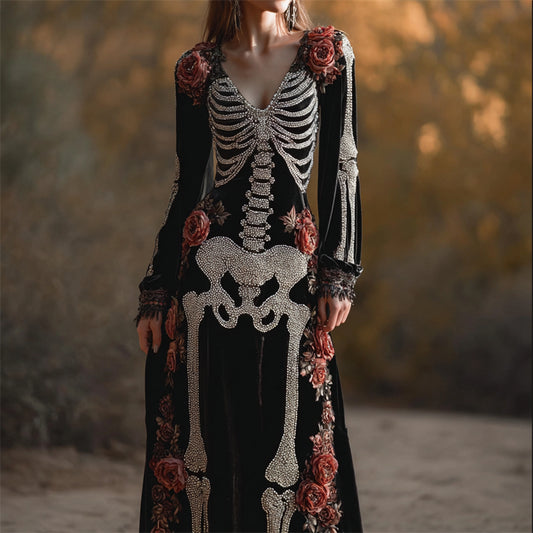 Comstylish Vintage Roses Skeleton Glitter Beaded Cozy Velvet Maxi Dress