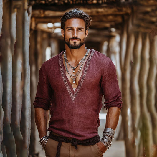 Men's Bohemian Embroidered Linen V-neck Shirt artswardrobe