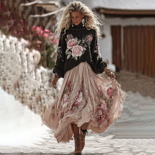 Vintage Rose In White Art Cozy Knit Turtleneck Sweater And Linen Skirt Two-piece Set elevenforest