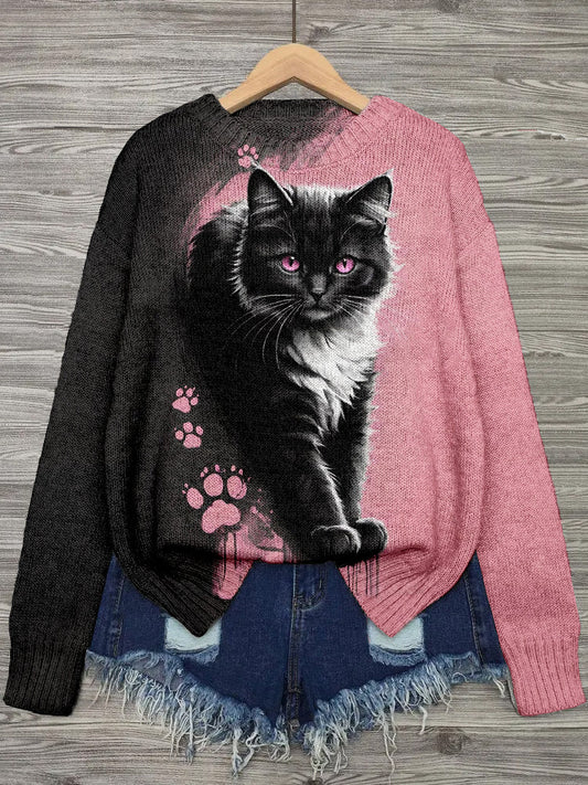 Cute Cat Pattern Crew Neck Cozy Sweater elevenforest