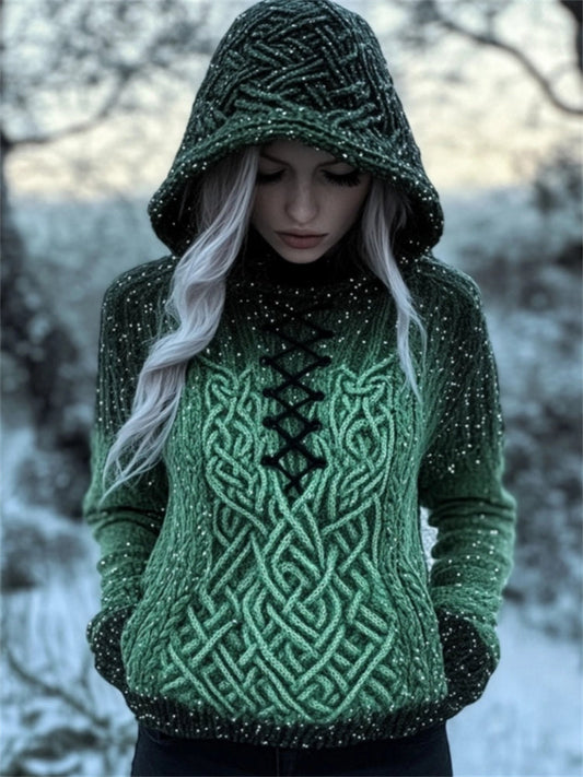 Snow Glitter Gradient Vintage Celtic Hooded Sweater elevenforest