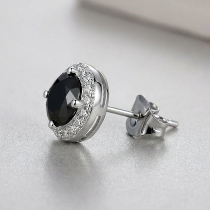 Black Diamond Halo Stud Earrings in Sterling Silver