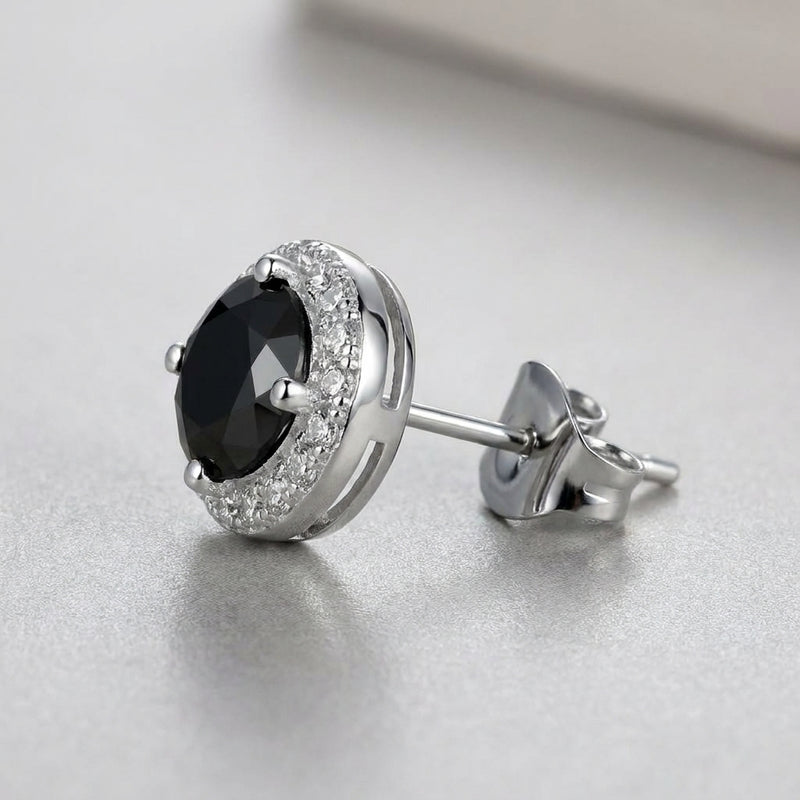 Black Diamond Halo Stud Earrings in Sterling Silver