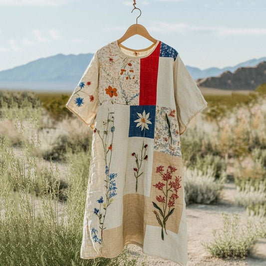 Women's Floral Patchwork Print Cotton And Linen Dress artswardrobe