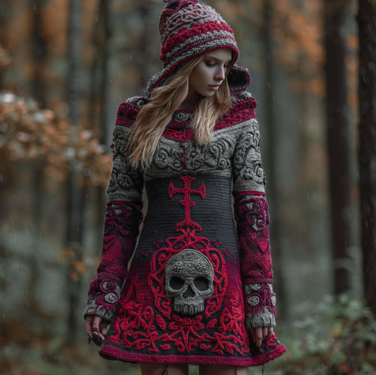 Halloween Viking Style Lady Hooded Knit Sweater Dress elevenforest