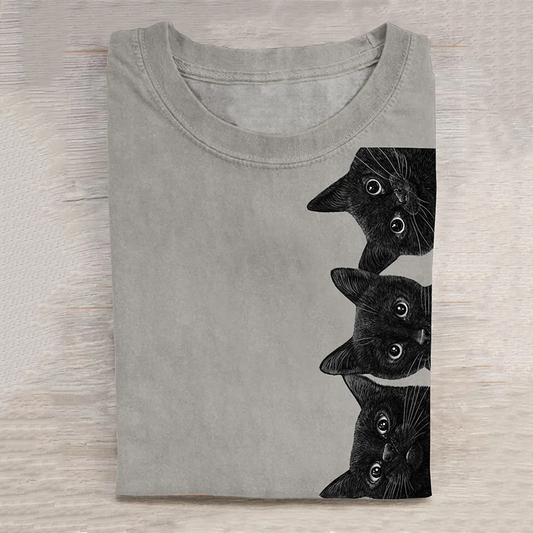 Unisex Black Cat Art Print Casual Tee elevenforest