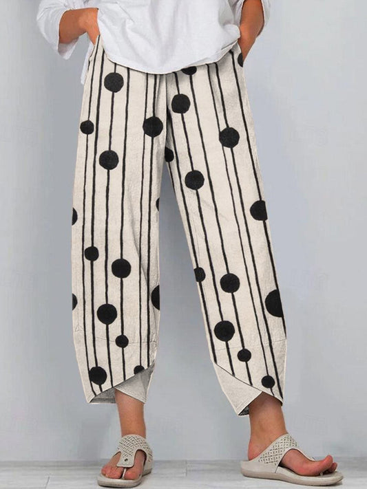 Comstylish Abstract Art Polka Dot Print Linen Blend Pants