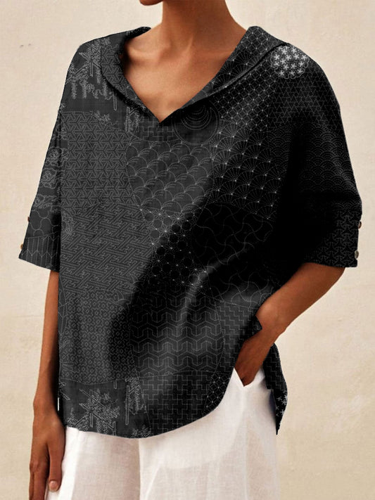 Comstylish Japanese Traditional Sashiko Art Linen Blend Cozy Shirt