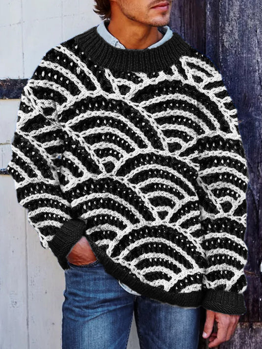 Men's Japanese Sea Waves Crochet Chunky Cozy Sweater artswardrobe