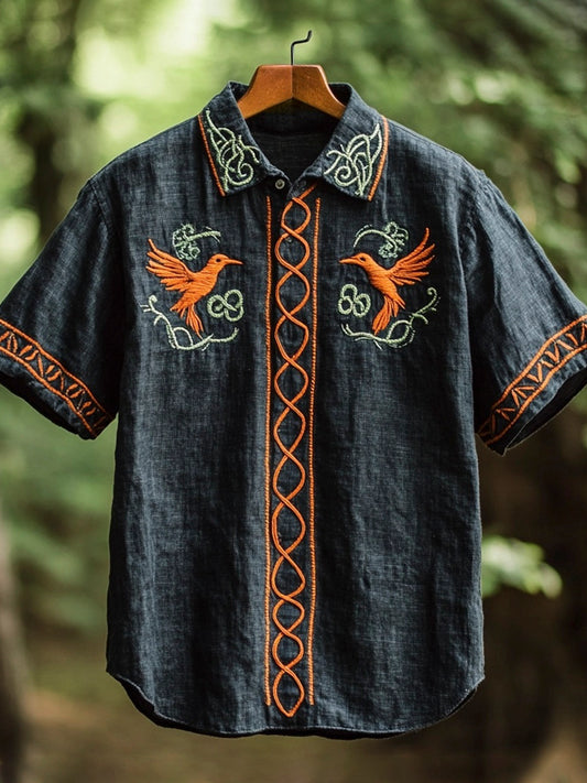 Celtic Bird Of Prey Totem Embroidered Men's Linen Short Sleeve Shirt artswardrobe