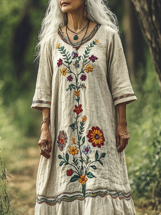 Boho Floral Embroidery Women's Linen Maxi Dress artswardrobe