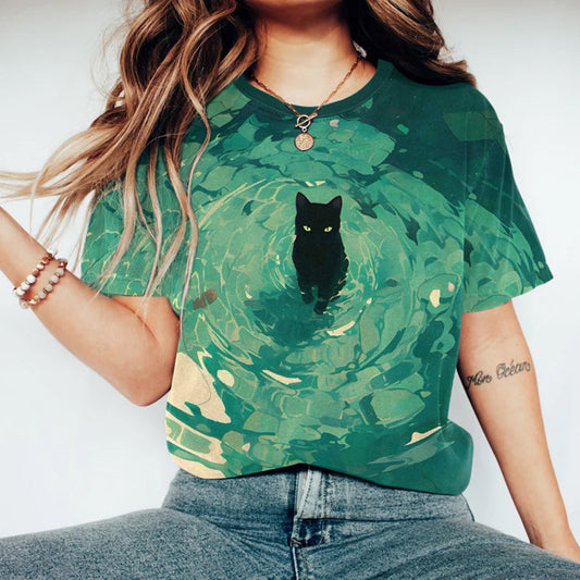 Women's Vintage Cat Art Print T-shirt elevenforest
