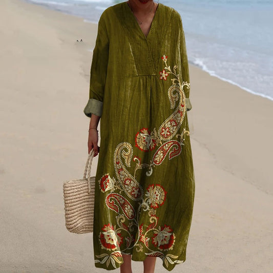Women's Vintage Flower Art Print Linen Blend Dress artswardrobe