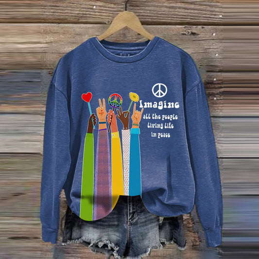 Comstylish Retro Hippie Imagine All The People Living Life In Peace Print Sweatshirt