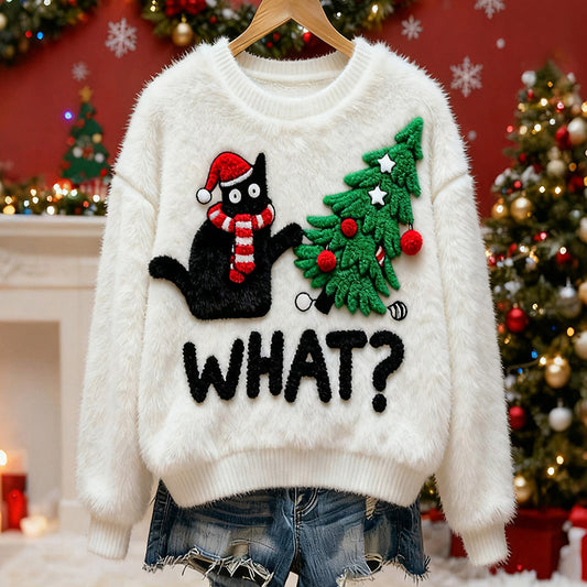 Women's Christmas Tree Cat Plush Sweater elevenforest