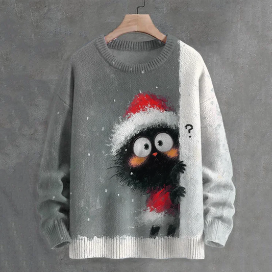 Men's Black Cat In Christmas Costume Hiding Art Print Casual Knit Crew Neck Sweater elevenforest